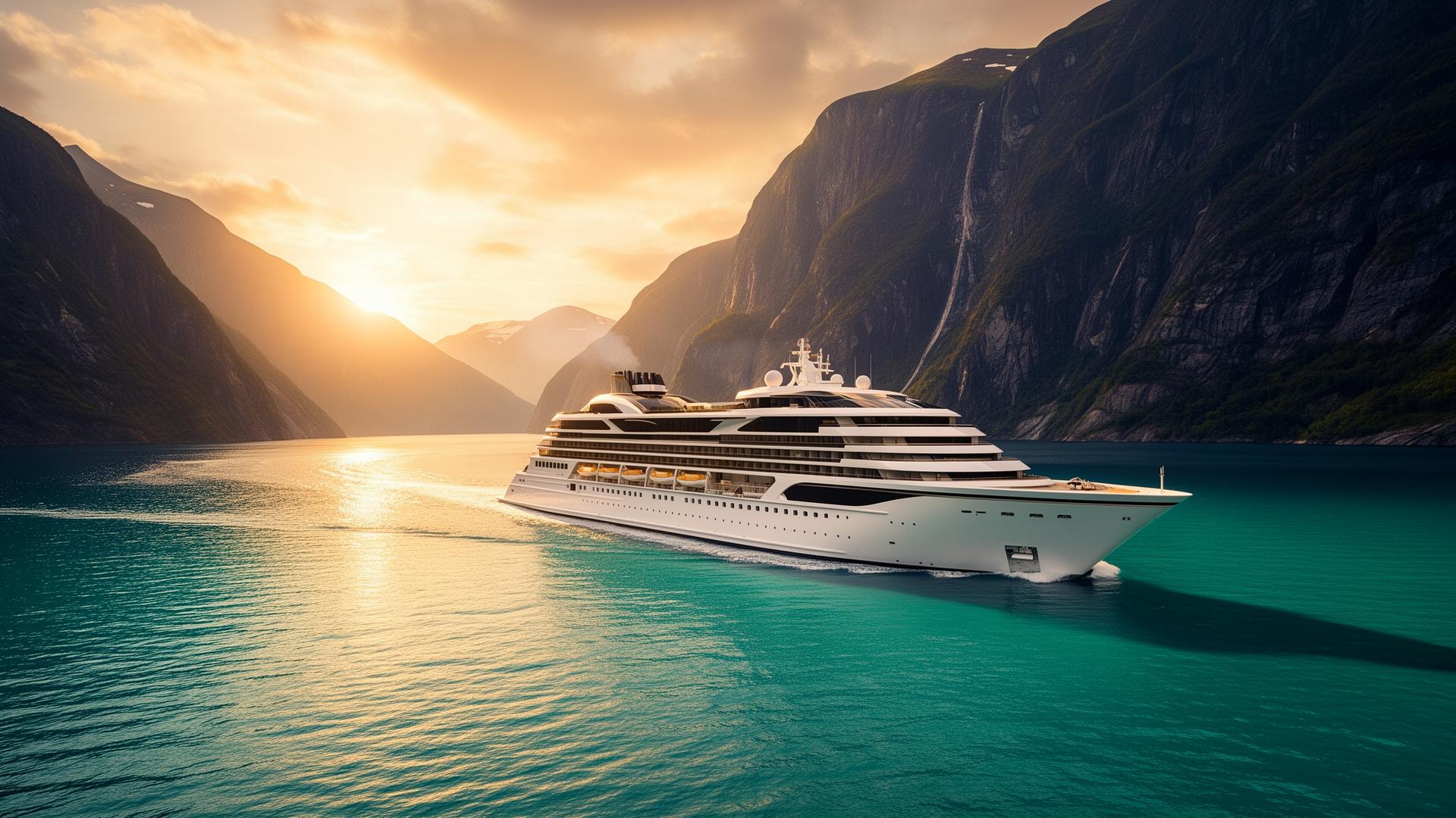 Crystal Cruises luxury liner sailing through a fjord at sunset