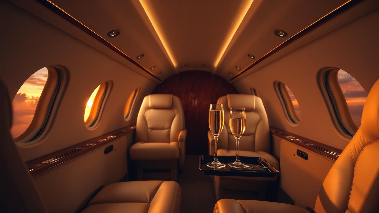 Luxury private jet cabin at golden hour